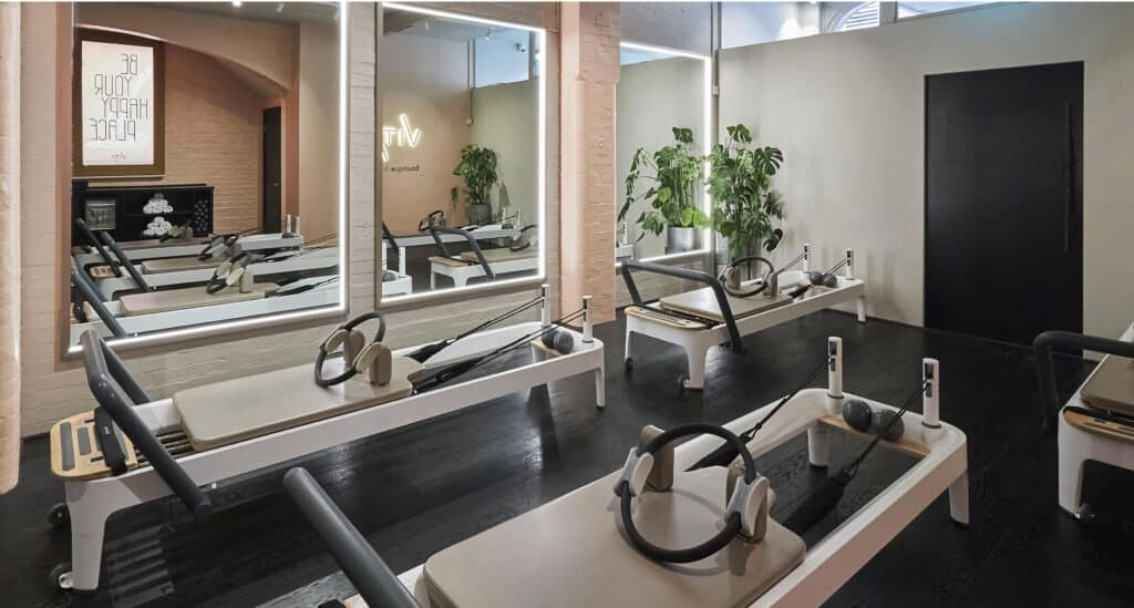 Pilates reformer studio, fitness interior design, wellness interior design