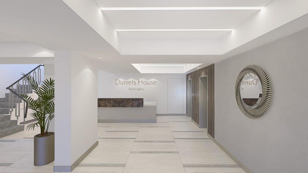 Foyer, retrofit, reception, marble floor, interior design, flair studio